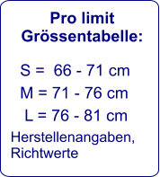 Pro limit Grössentabelle:    S =  66 - 71 cm     M = 71 - 76 cm      L = 76 - 81 cm   Herstellenangaben,  Richtwerte