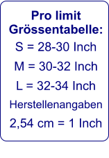 Pro limit Grössentabelle: S = 28-30 Inch M = 30-32 Inch L = 32-34 Inch Herstellenangaben 2,54 cm = 1 Inch